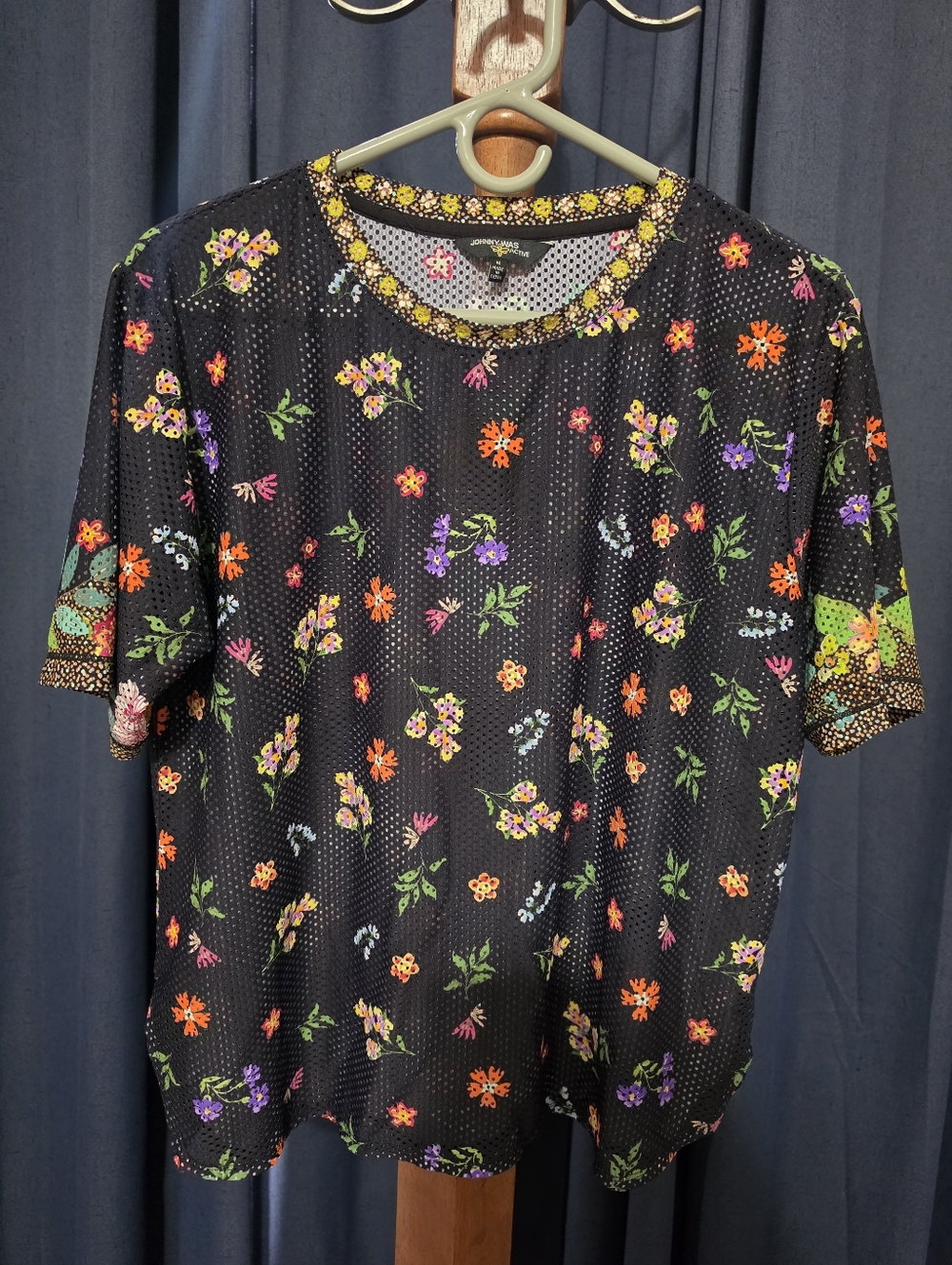 Johnny Was Nani Mesh Oversize Crop Tee in a black floral print.